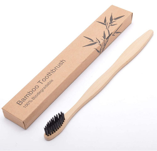 Bamboo toothbrush with black bristles and kraft paper box
