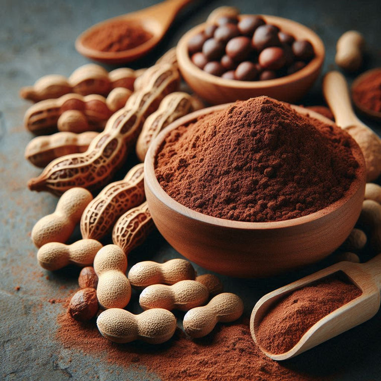 Tamarind seed powder in wooden bowl with scoop and seeds