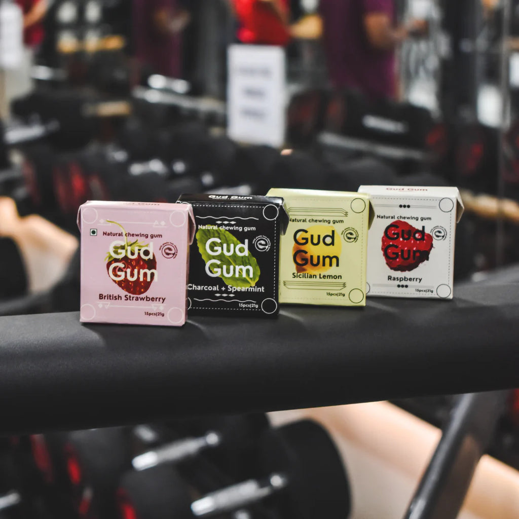 Chewing gum mini packs: raspberry, lemon, charcoal mint, strawberry flavors