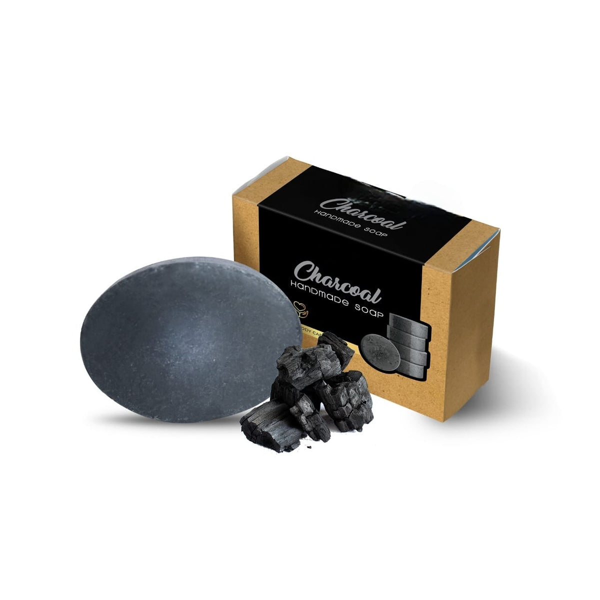 Charcoal soap bar with dark gray round shape, charcoal chunks, and cardboard box