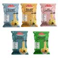 Assorted millet noodle packs, 5 varieties: blue, yellow, purple, green, dark green.