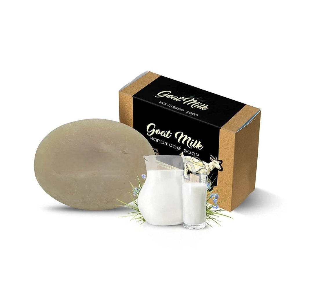 Goat milk soap gift set with round bar, box, small bottle and sprig
