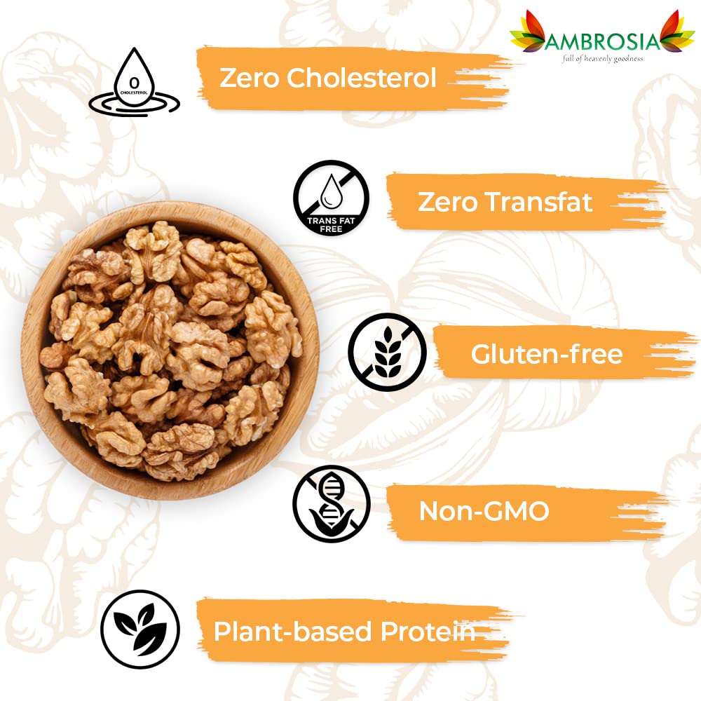 Walnut kernels in a wooden bowl with gluten-free and non-GMO icons