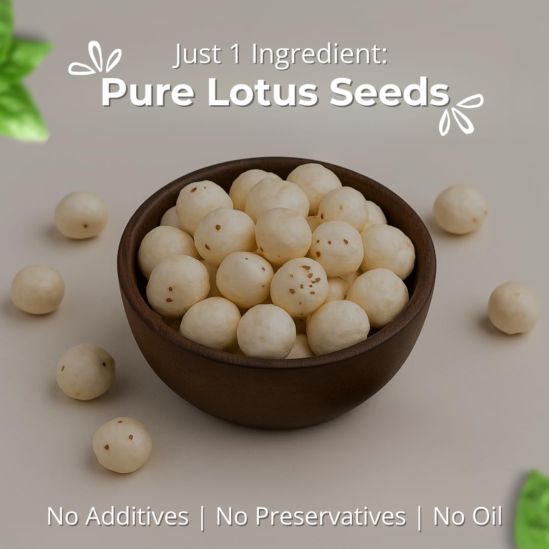 Bowl of whole makhana lotus seeds with scattered kernels around