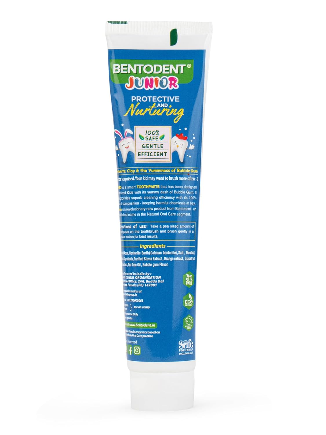 Kids bubble gum toothpaste tube back label with ingredient and use details