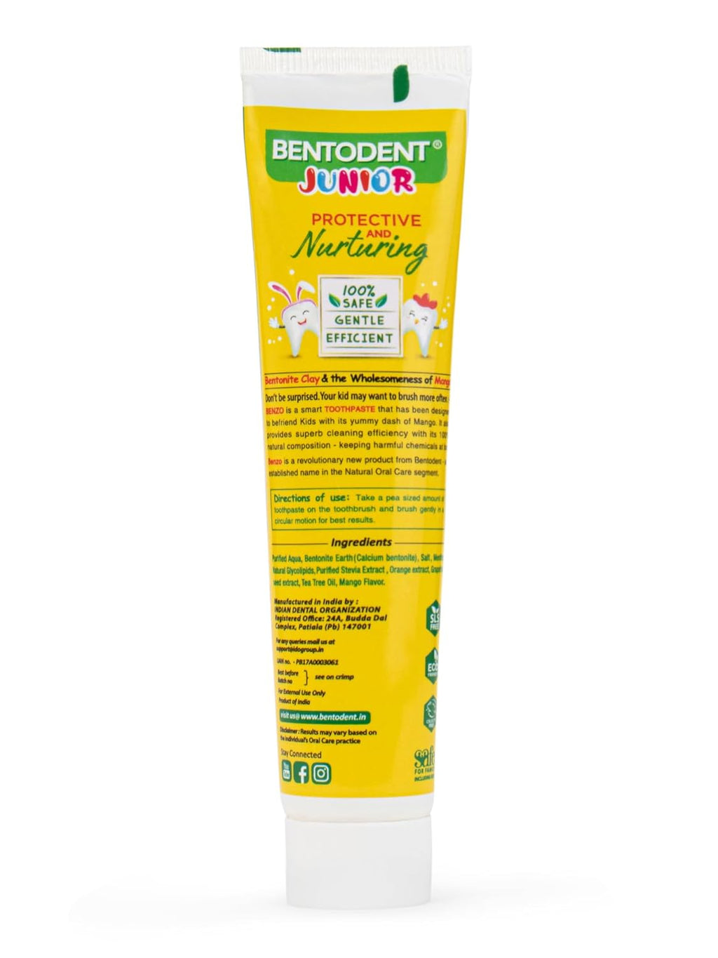 Bentodent Junior kids mango toothpaste tube, yellow back panel with ingredients