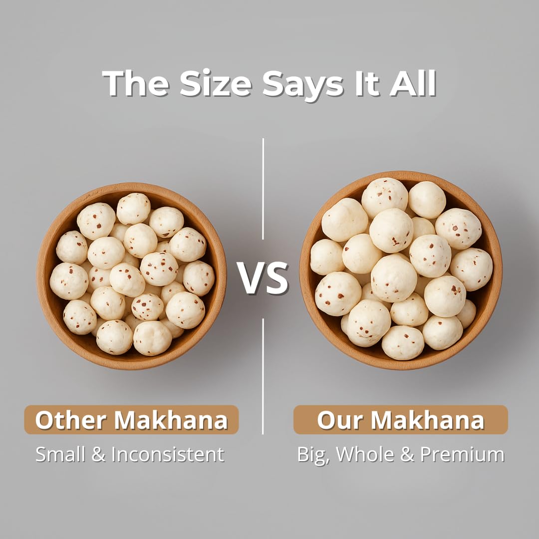 Whole makhana fox nuts in two wooden bowls for size comparison