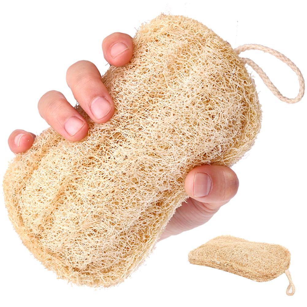 Loofah bath scrubber sponge with hanging loop, light tan, round body