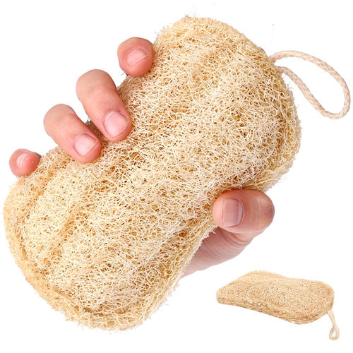 Loofah bath scrubber sponge with hanging loop, light tan, round body