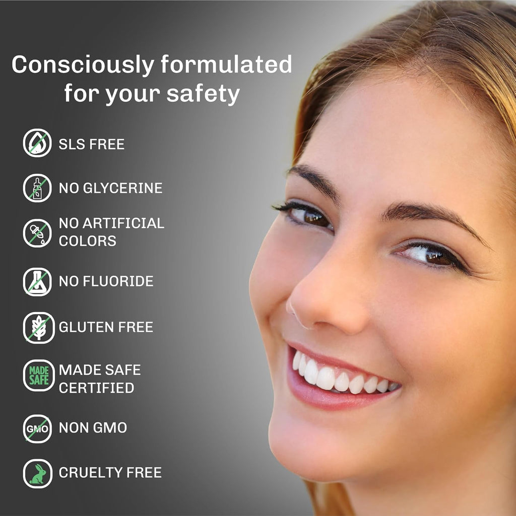 Charcoal toothpaste label with SLS-free, no fluoride and gluten-free icons