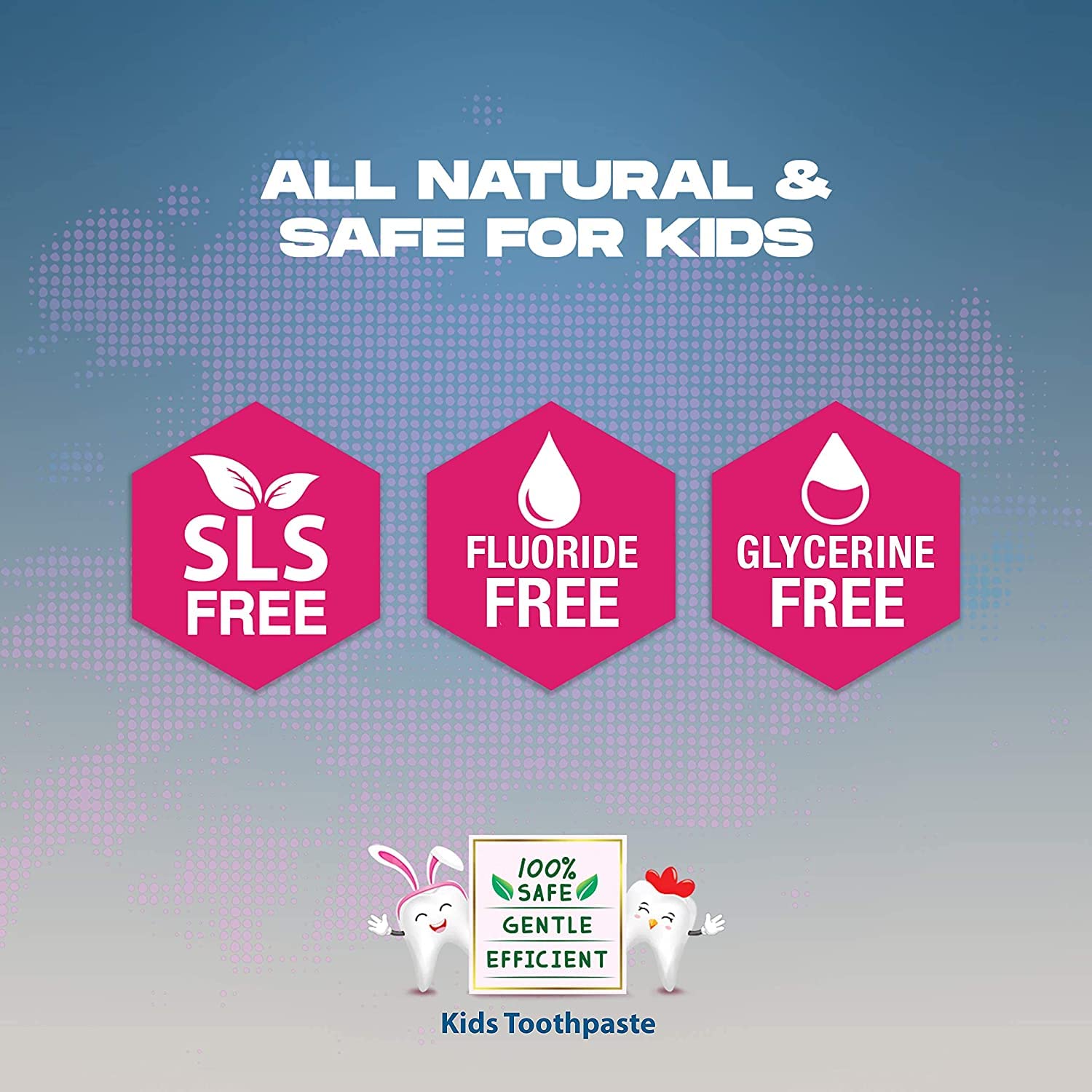 Kids mango toothpaste graphic with SLS-free, fluoride-free, glycerine-free badges