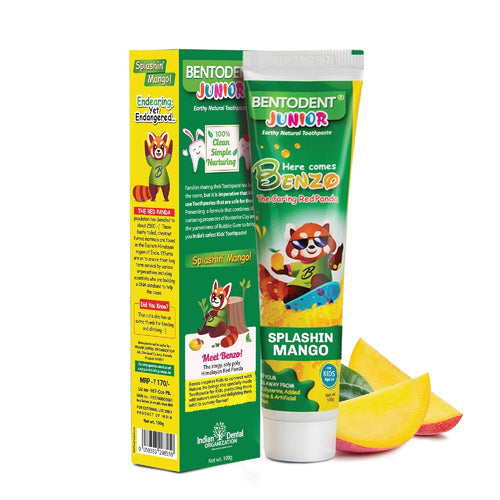Bentodent Junior Splashin Mango kids toothpaste box with tube and mango fruit