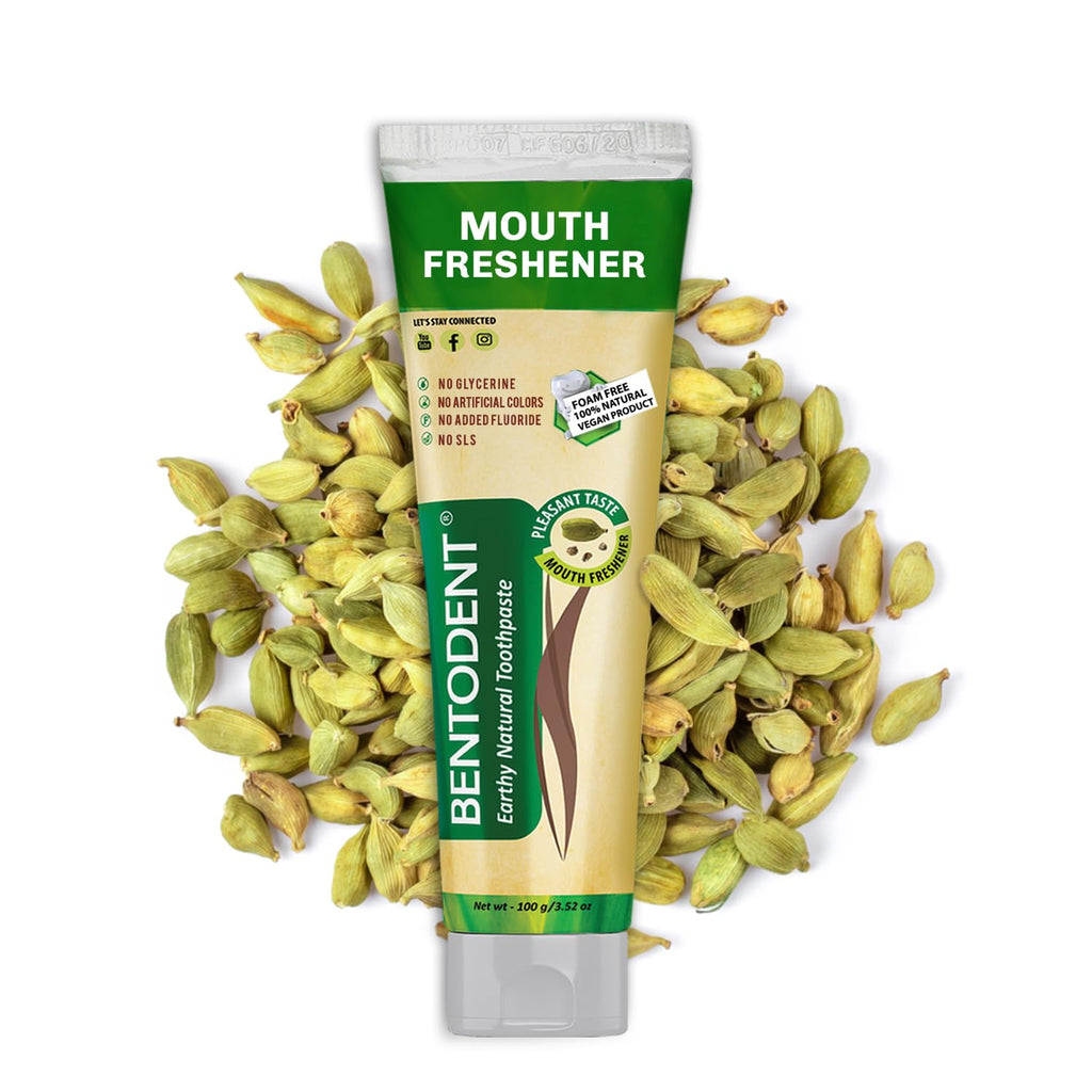 Cardamom mouth freshener toothpaste tube with green label and Bentodent branding