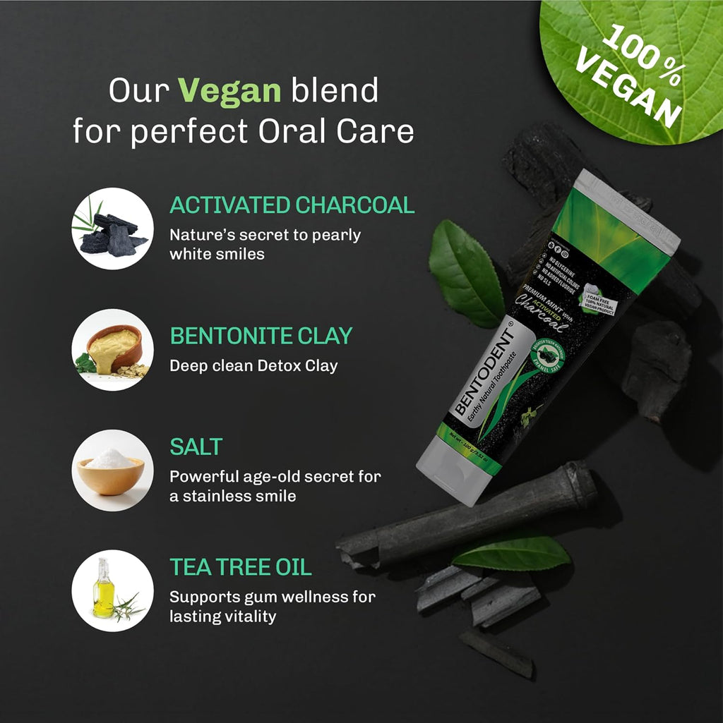 Activated charcoal toothpaste packs with vegan blend ingredients: bentonite, salt and tea tree oil