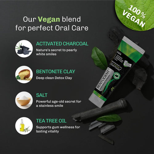 Activated charcoal toothpaste packs with vegan blend ingredients: bentonite, salt and tea tree oil