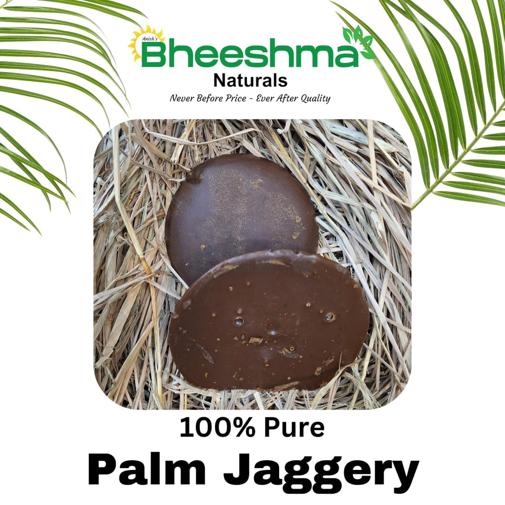 Pure palm jaggery chunks, dark brown, nestled in straw