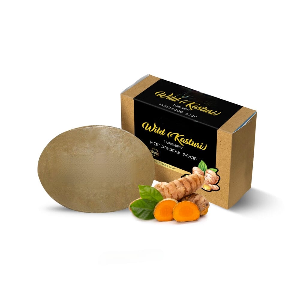 Turmeric soap bar with turmeric roots and green leaves, with boxed bar behind