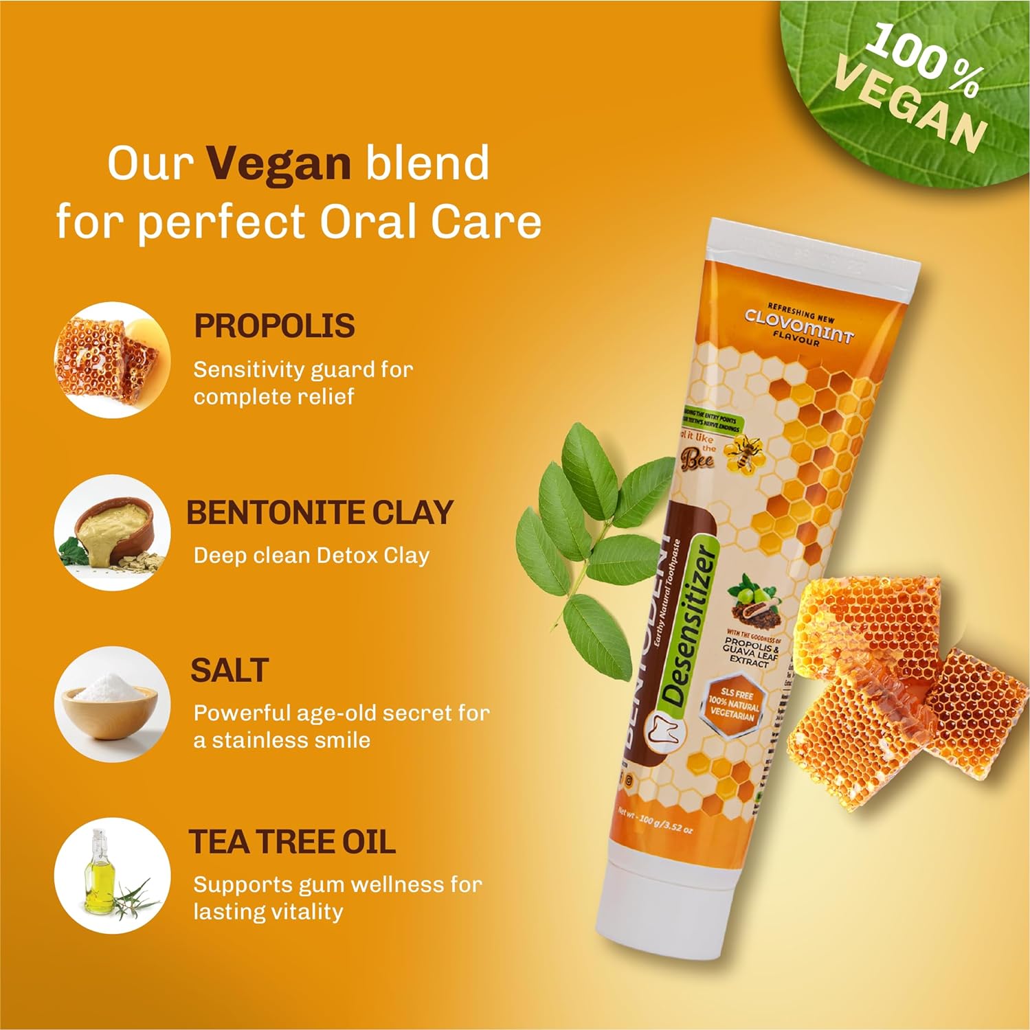 Bentodent desensitizer toothpaste tube with honeycomb crackers and ingredient icons