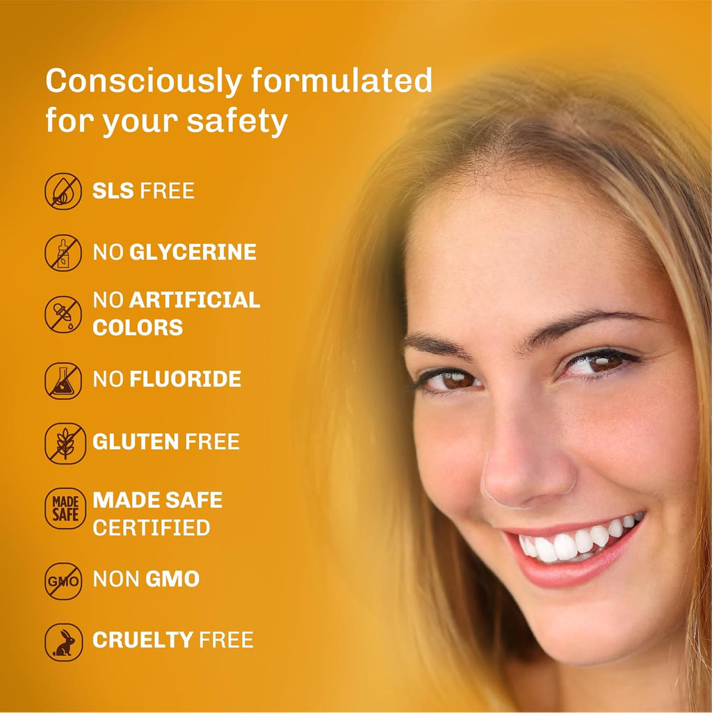 Bentodent desensitizer toothpaste safety badges: SLS-free, fluoride-free, gluten-free
