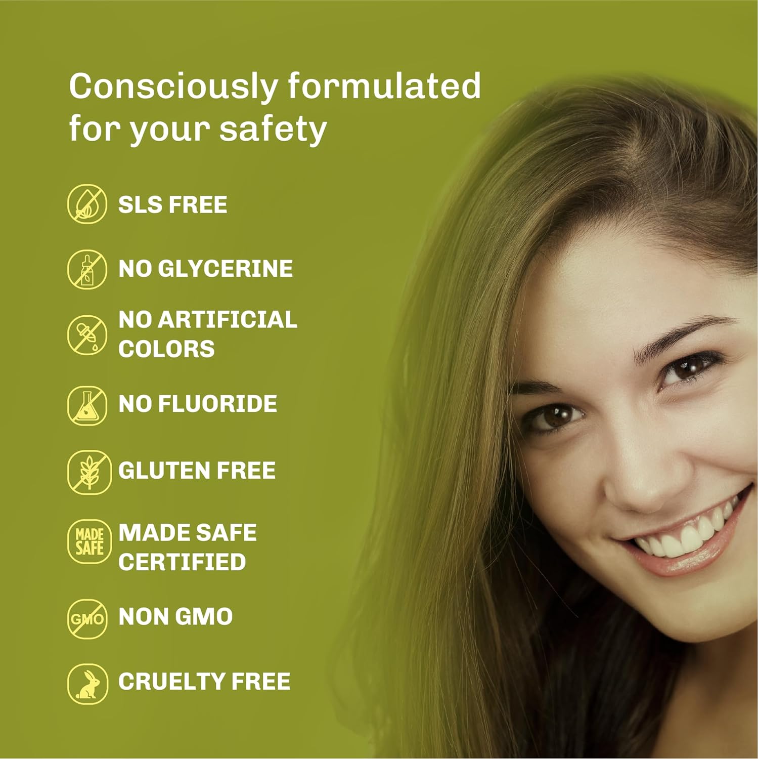 Oral care safety claims graphic with SLS-free and no fluoride icons