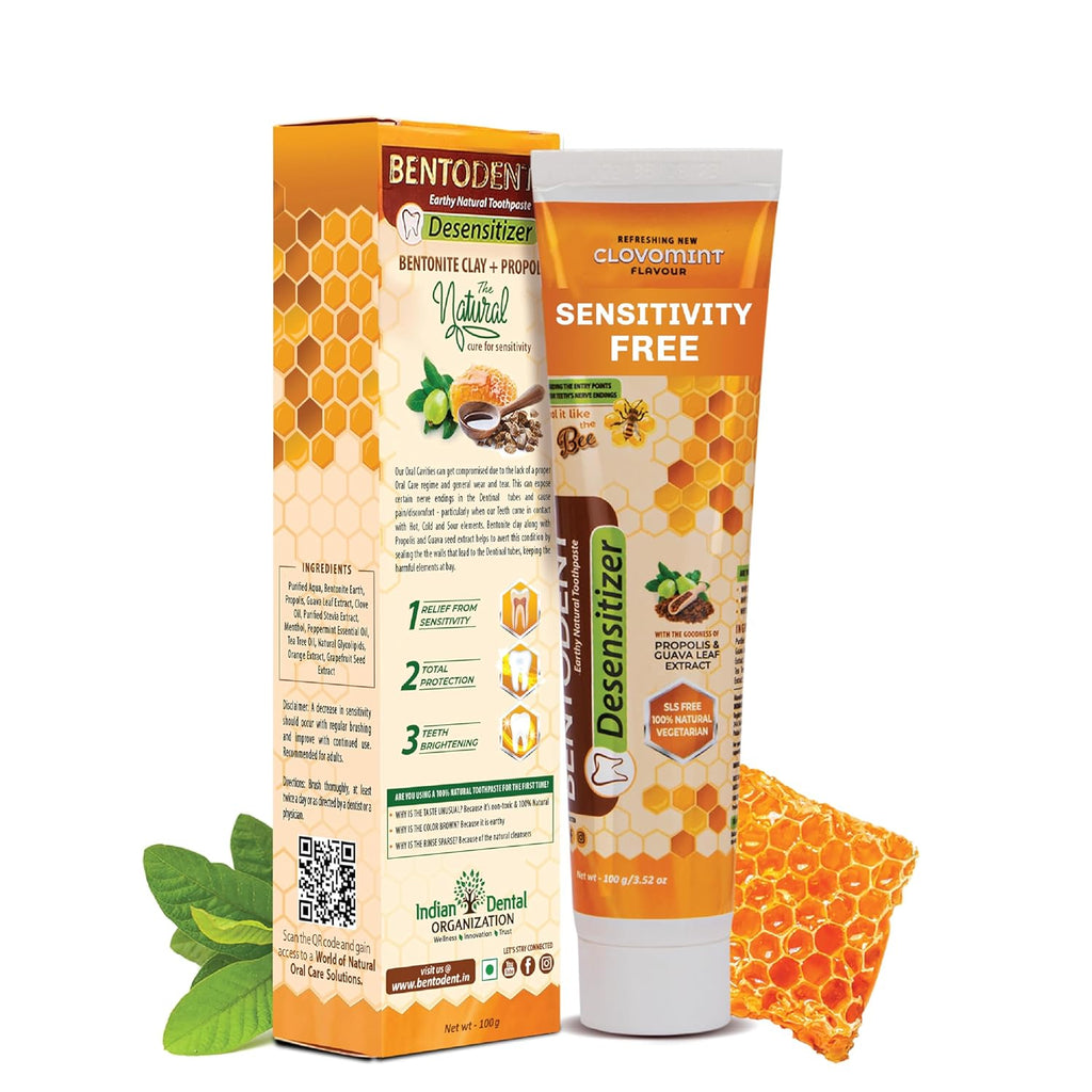 Bentodent Sensitivity Free desensitizer toothpaste tube with boxed packaging and pouch
