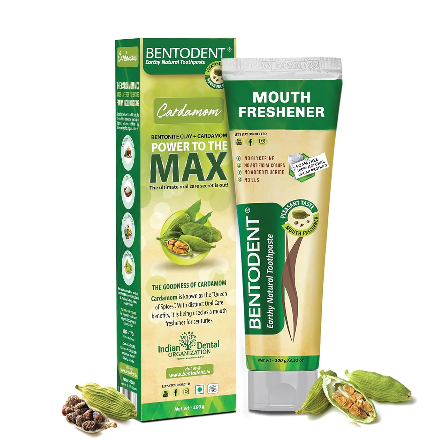 Bentodent cardamom natural toothpaste box and tube with green mouth freshener text