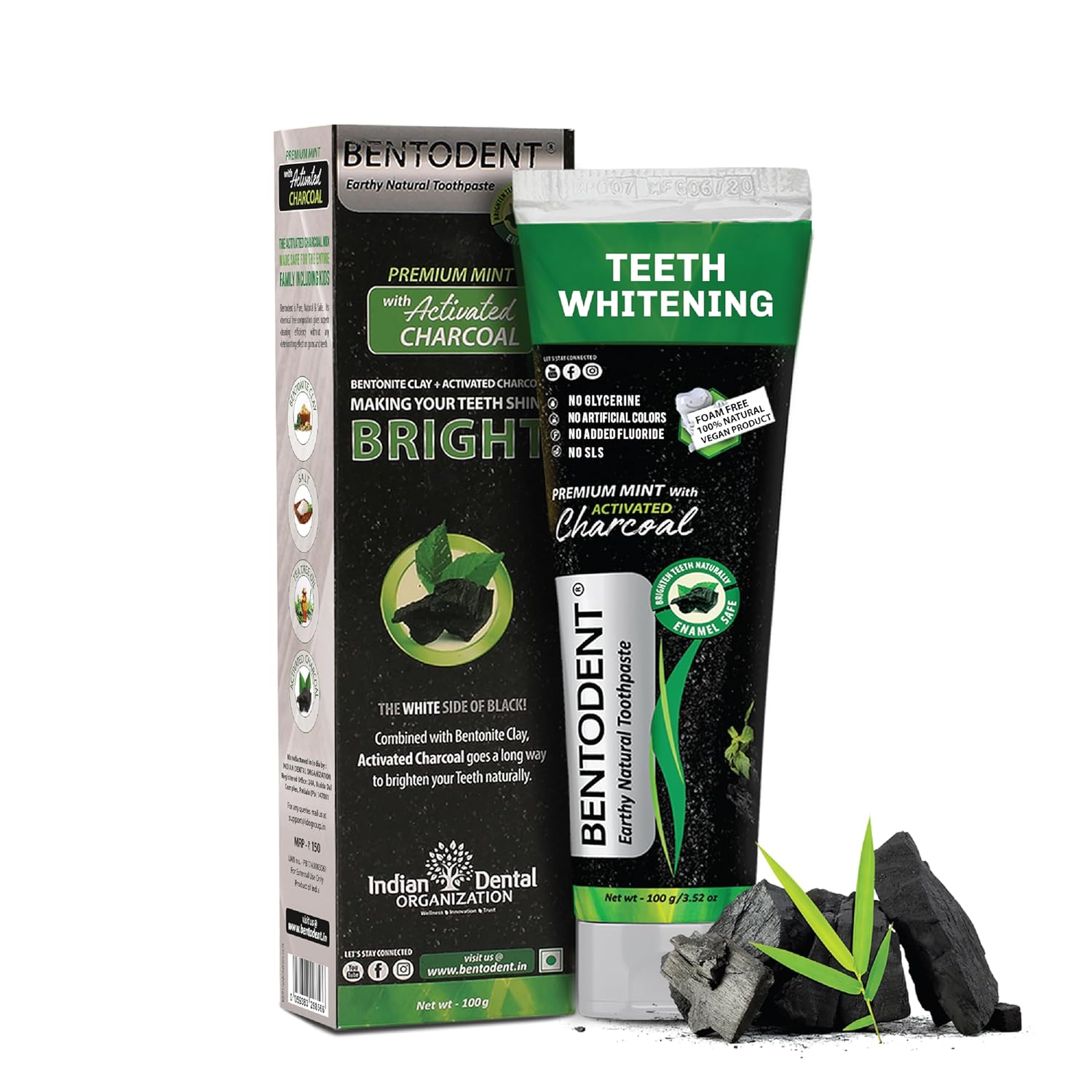 Teeth whitening charcoal toothpaste box and tube with green Bentodent label