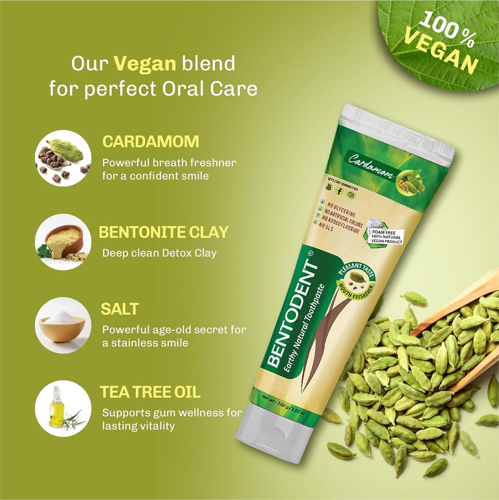 Cardamom and bentonite clay vegan toothpaste tube with ingredient labels and icons