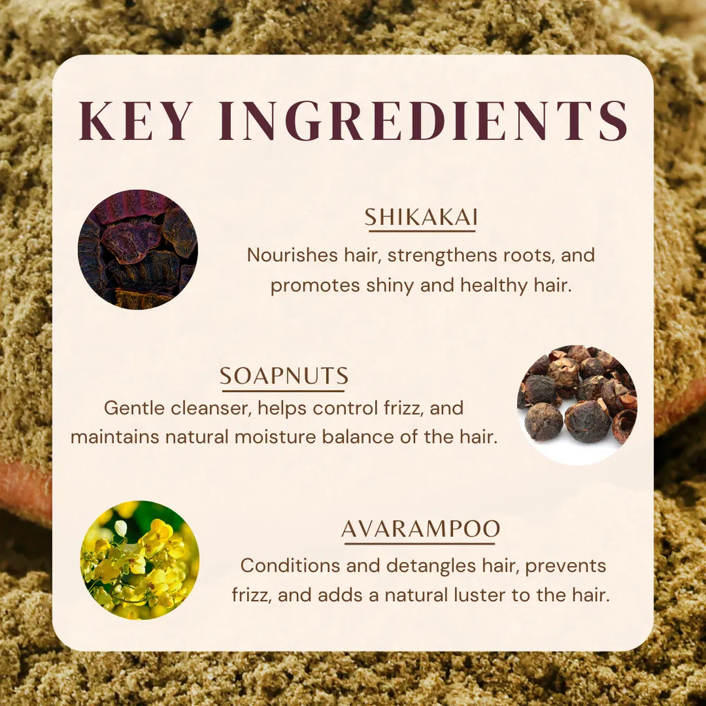 Anti frizz hair cleanser key ingredients panel: Shikakai, Soapnuts, Avarampoo on pouch