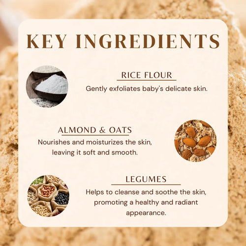 Key ingredients panel: rice flour, almond & oats, legumes for gentle exfoliation
