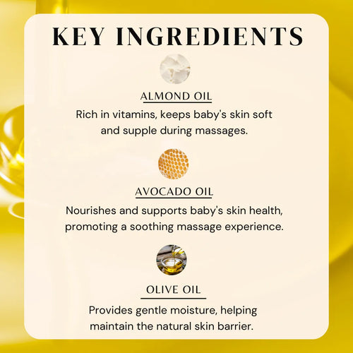 Baby massage oil key ingredients: almond, avocado, olive oils