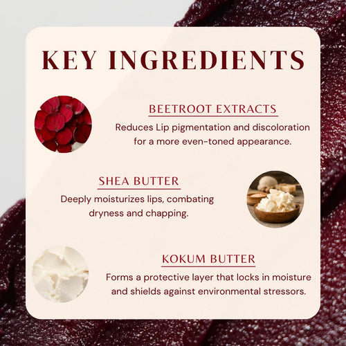 Key ingredients panel: beetroot extracts, shea butter, and kokum butter for lip balm.