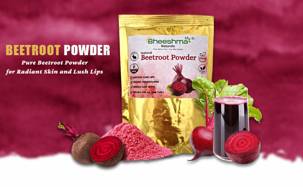 Beetroot powder pouch with beet roots, glass of pink paste, and beet powder