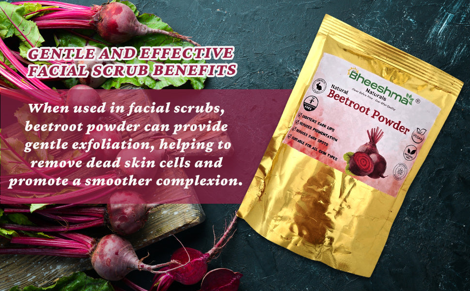 Beetroot powder pouch with beets and loose pinkish beet powder for facial scrub