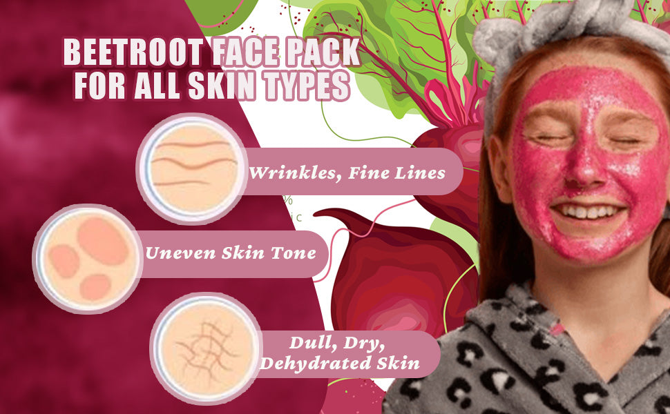 Beetroot face mask using beetroot powder, pouch with pink facial mask on person