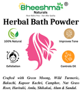 Herbal bath powder label with Bheeshma branding and natural herb icons