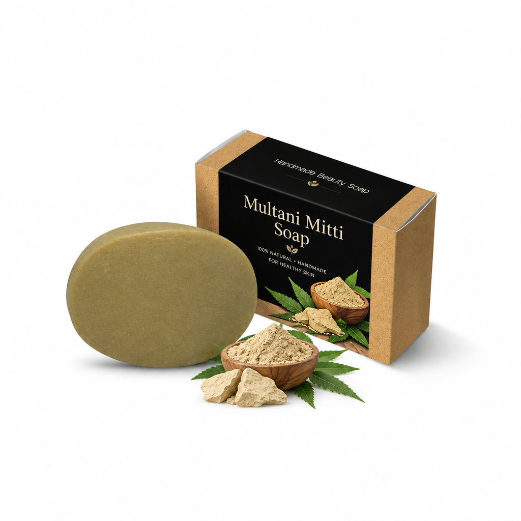 Multani mitti soap bar, round olive-green with kraft box and botanical leaves