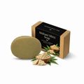 Multani mitti soap bar, round olive-green with kraft box and botanical leaves