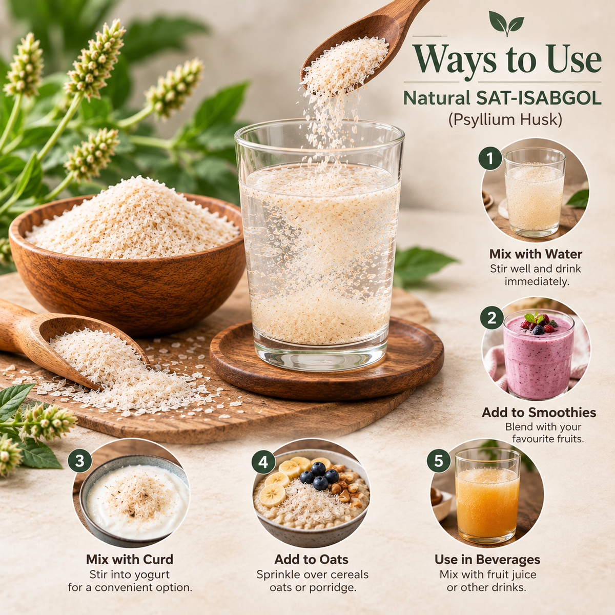 Psyllium husk powder in a wooden bowl with a glass of water
