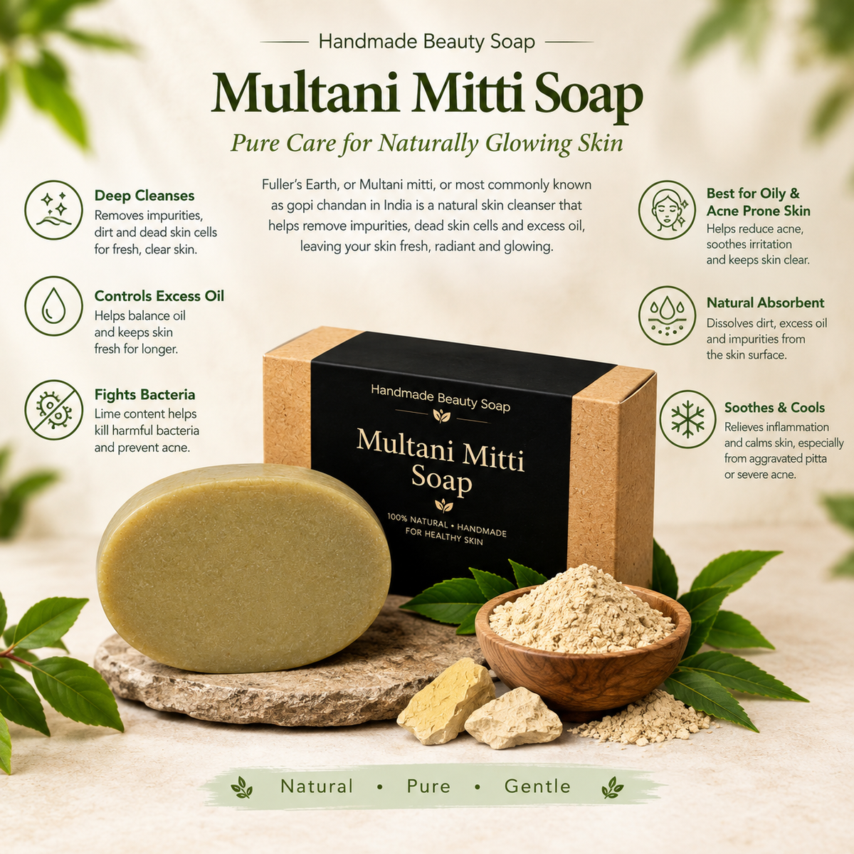 Multani mitti soap bar with black label box, clay powder in bowl