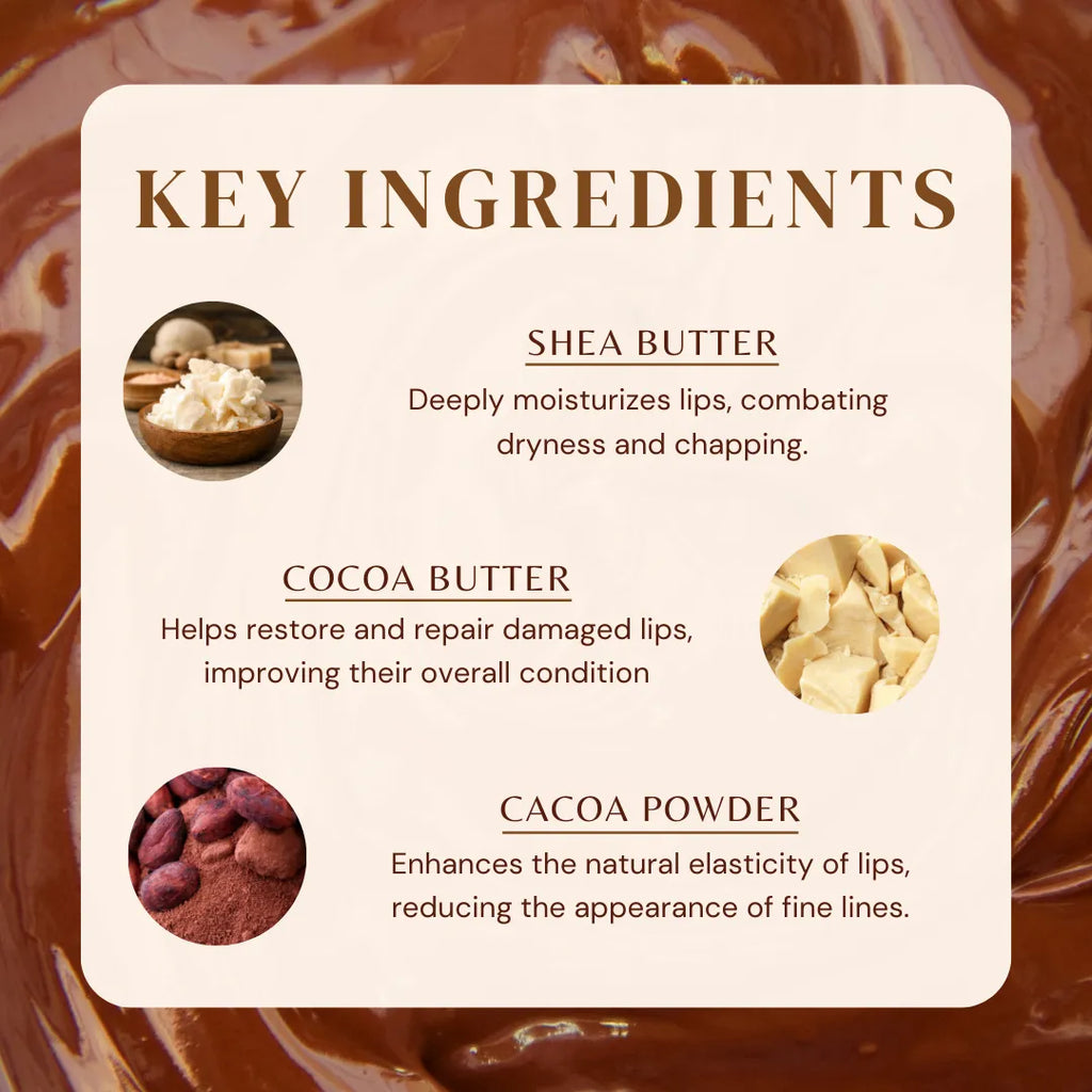 Chocolate lip balm key ingredients card featuring shea butter, cocoa butter, and cocoa powder