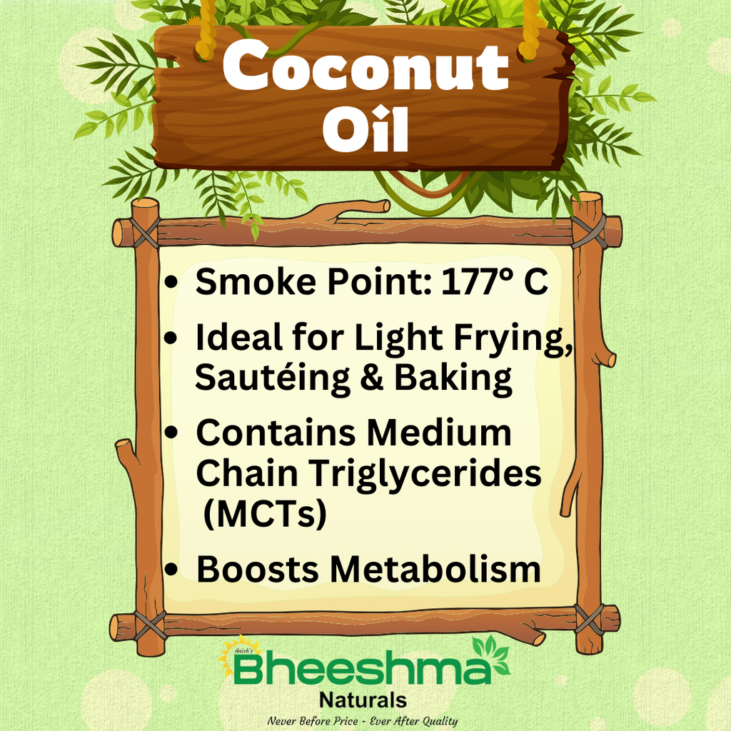 Coconut oil label showing cooking and health benefits with Bheeshma Naturals logo