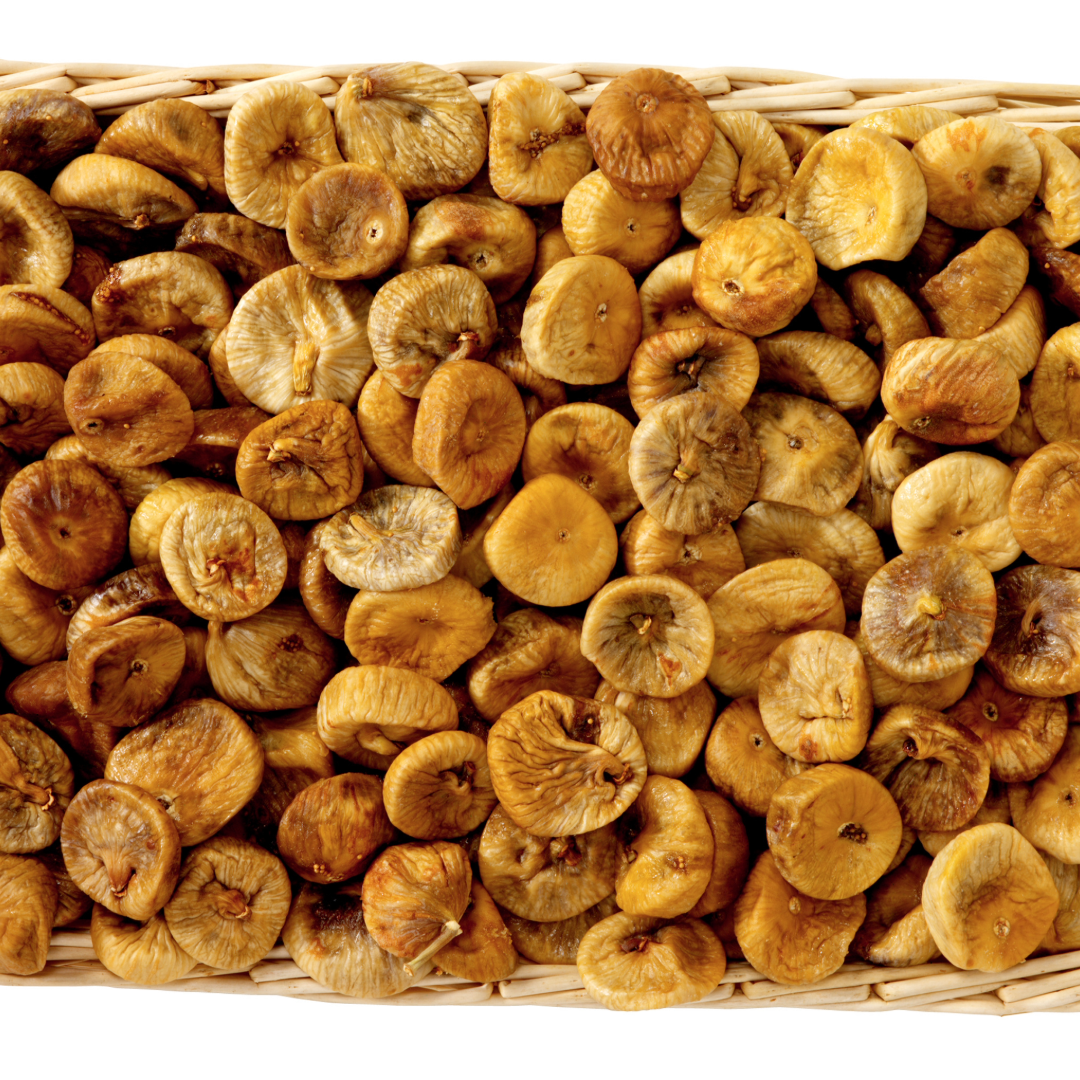 Basket of dried figs, golden and brown dried fruit pieces