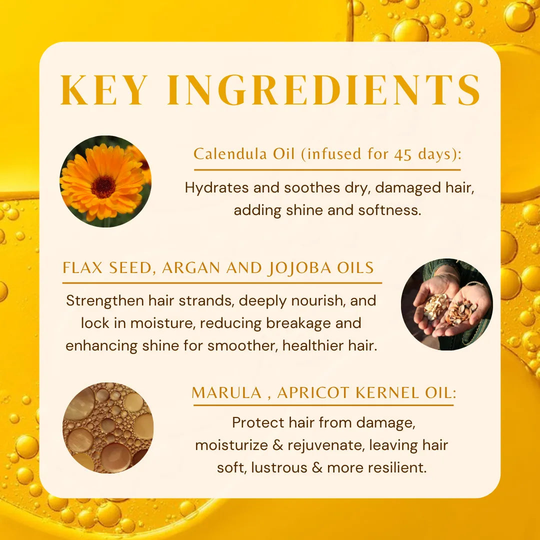 Key ingredients card for hair elixir with oil and seed icons.