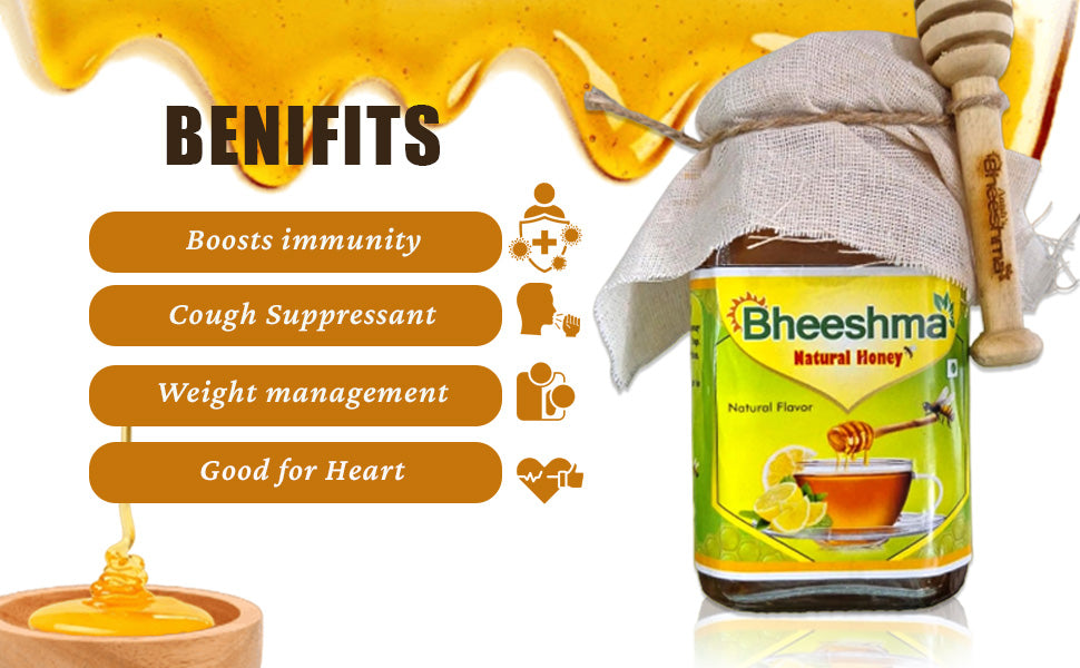 Bheesham Natural Honey jar with wooden dipper and benefits icons panel