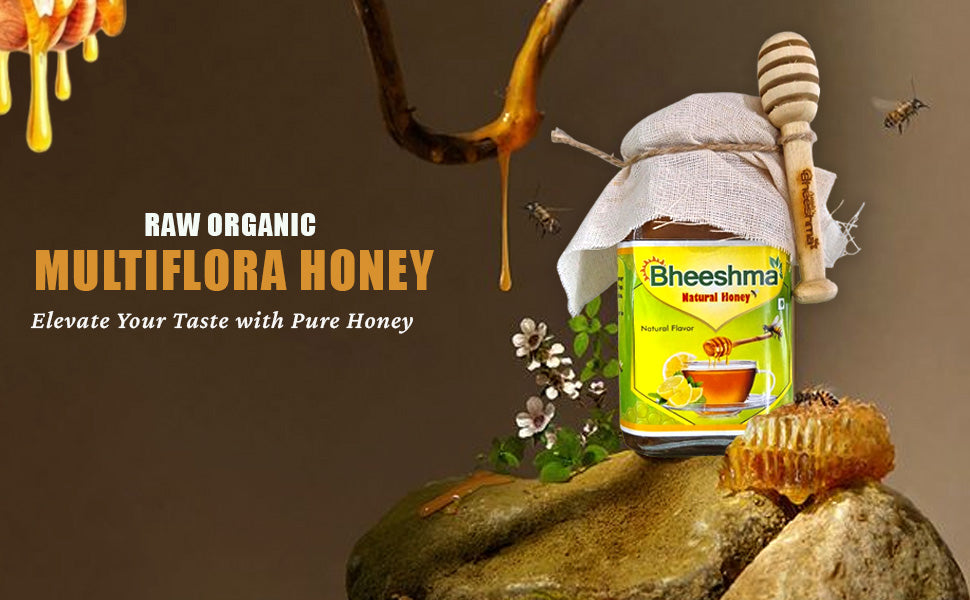 Bheesham Natural Honey jar with wooden dipper and honey drizzle over rocks