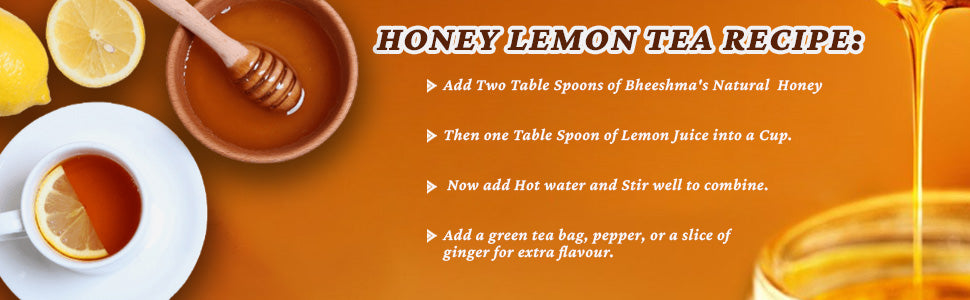 Honey lemon tea recipe banner with cup, lemon slices, and honey dipper