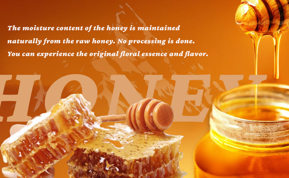 Honeycomb with honey dipper dripping honey into a small glass jar