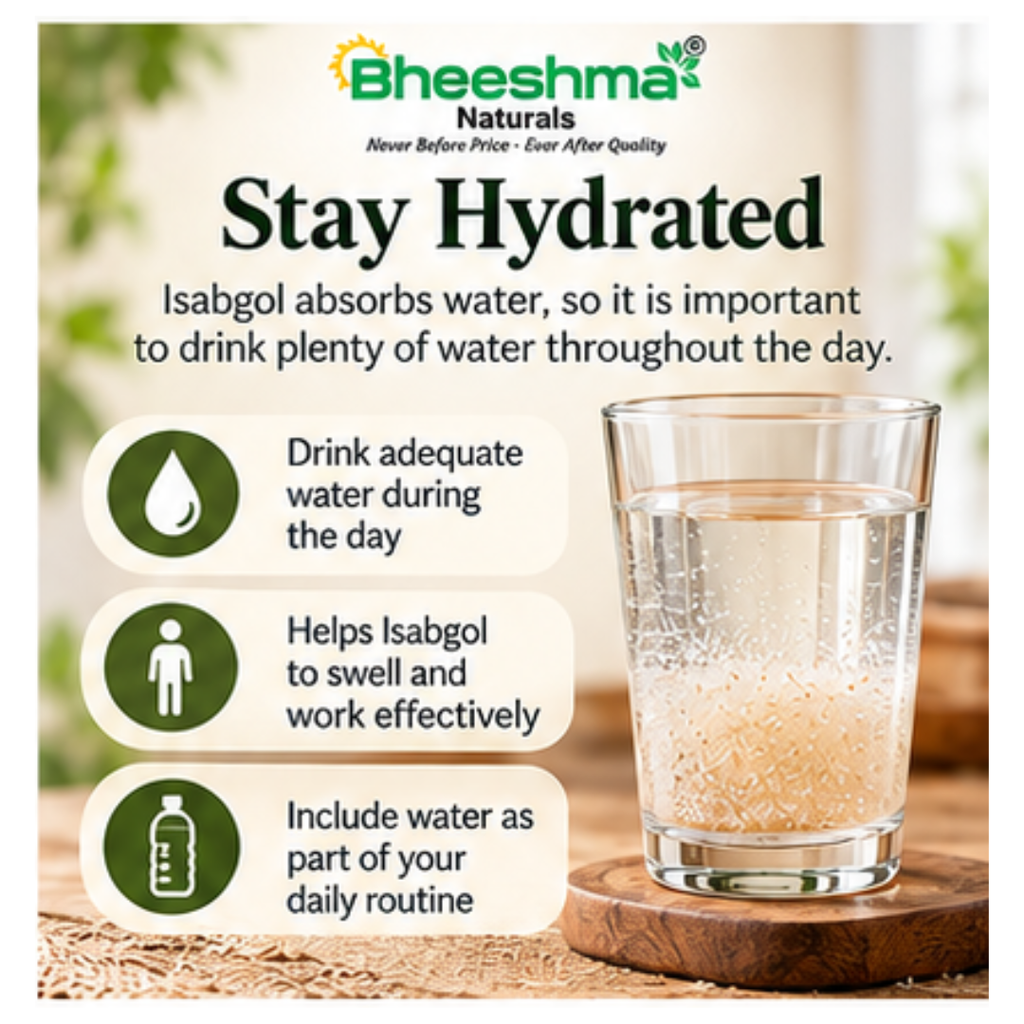 Psyllium husk hydration tips card with water glass