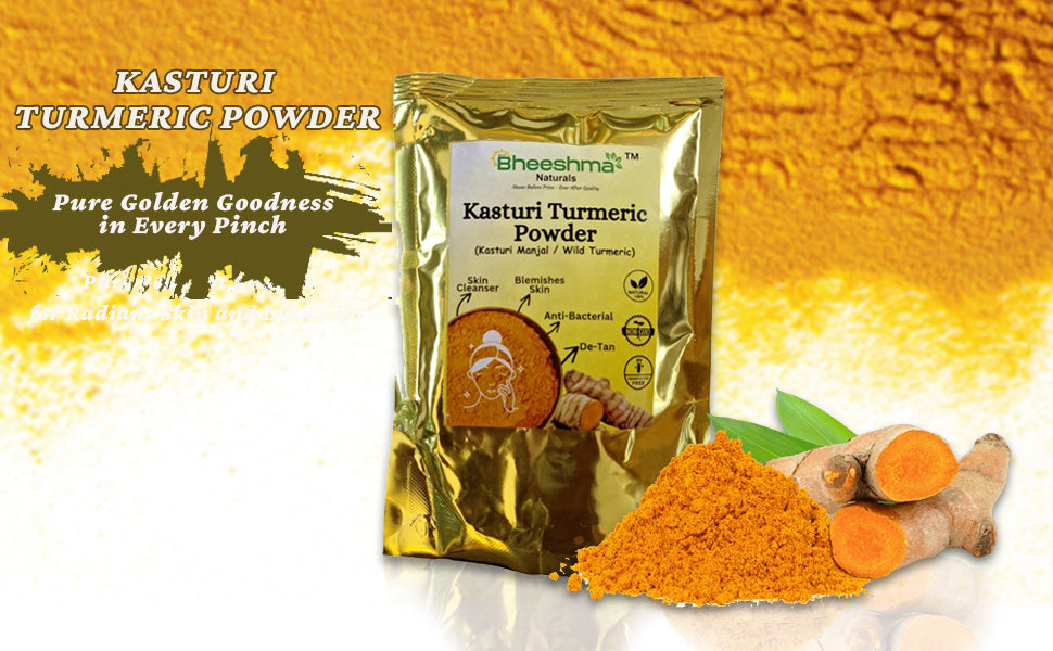 Turmeric powder pouch with golden powder and turmeric roots